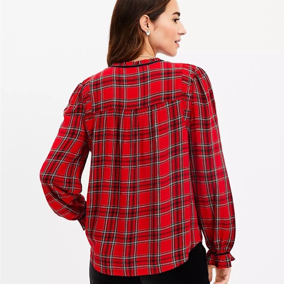 Plaid Ruched Ruffle Neck Blouse - Picture 4 of 4